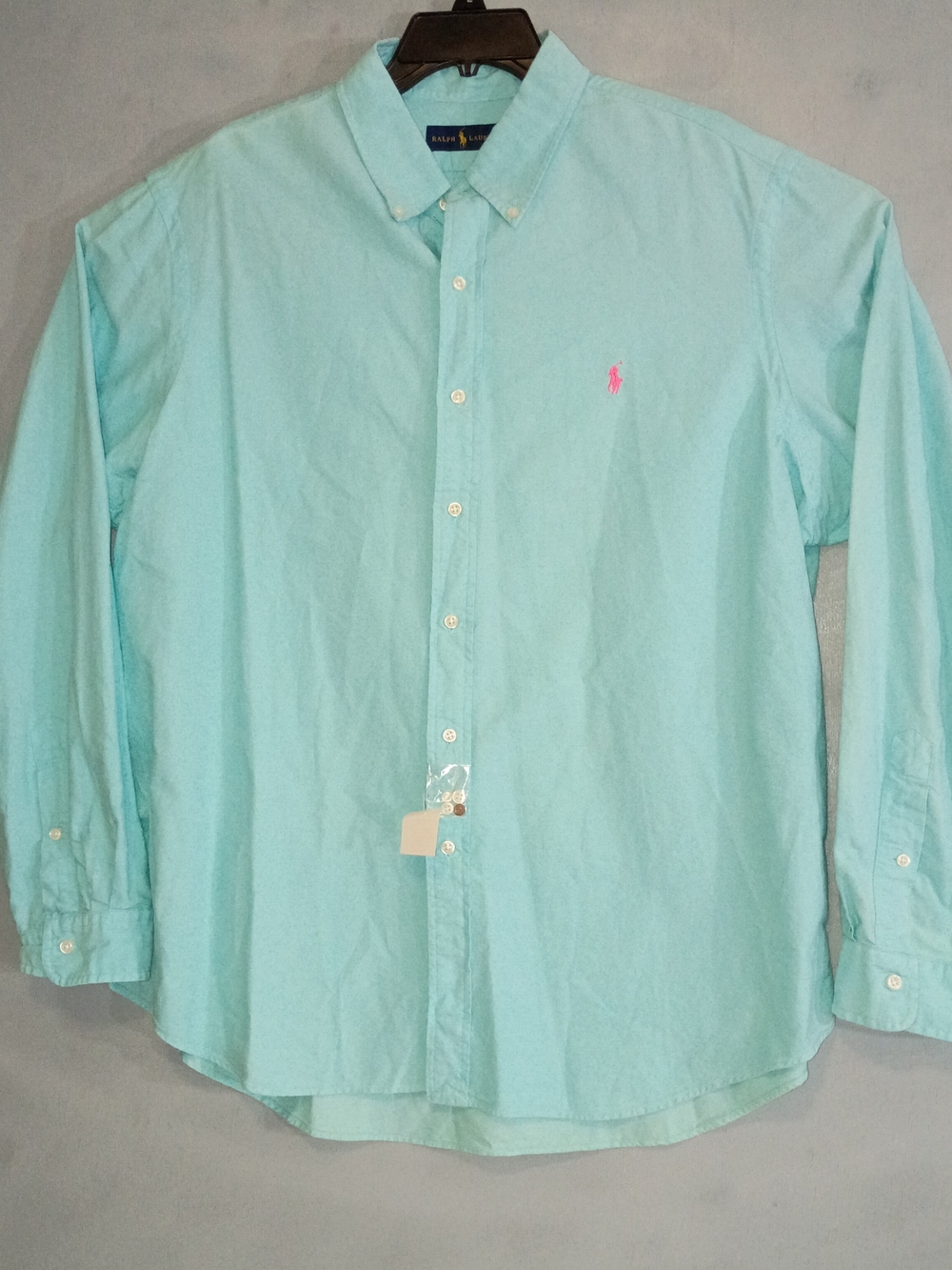 Ralph Lauren Men's Light Mint Button-Down Shirt with Pink Pony